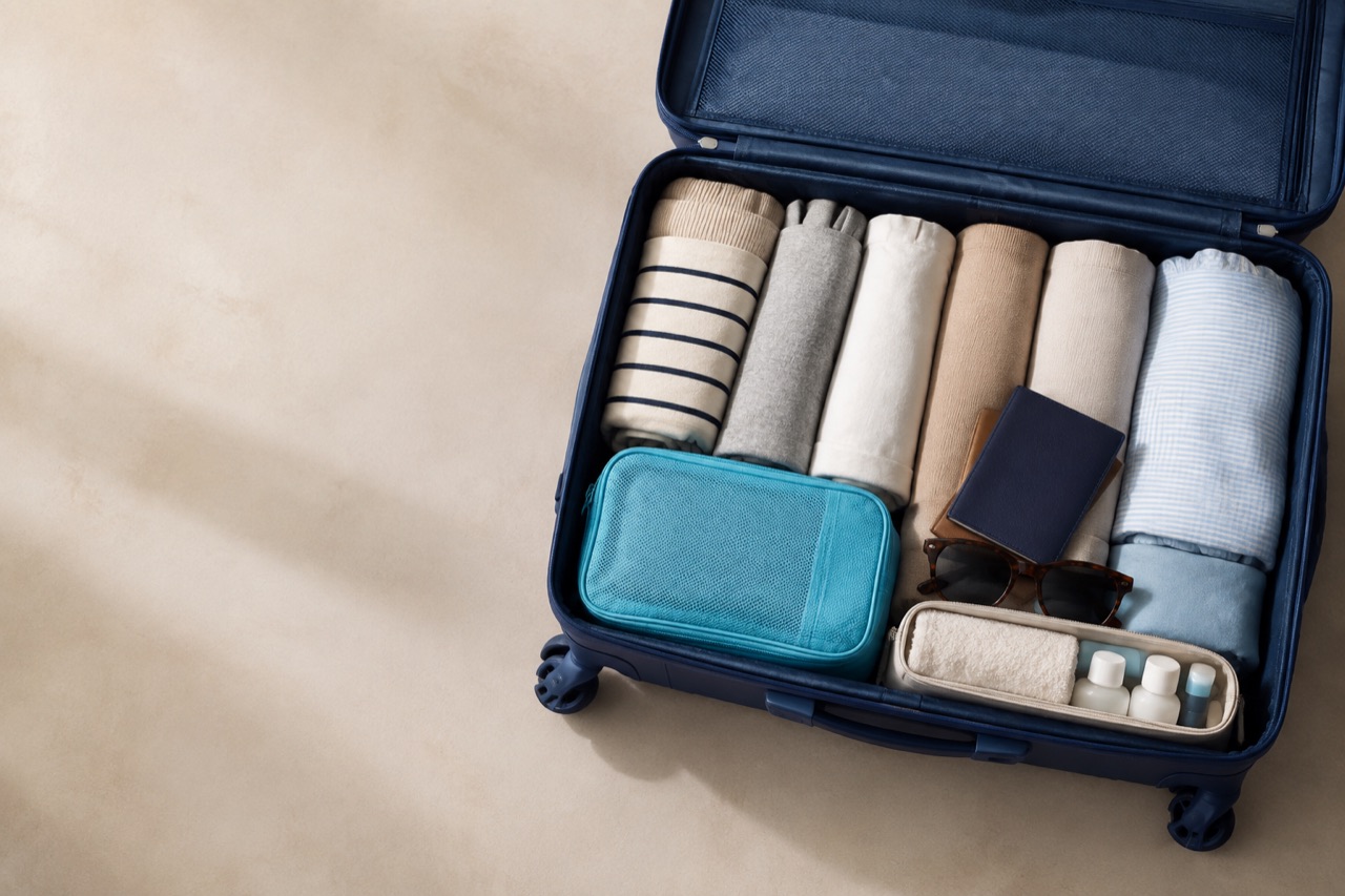 Valise cabine bleu nuit ouverte avec vêtements roulés et accessoires bien organisés